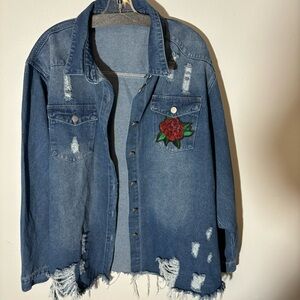 New Plus Size Embellished Distressed Rose Jean Jacket